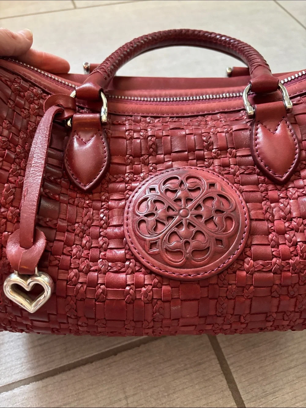 Brighton Ferrara VEREDA Red Woven Leather Satchel Bag Handbag